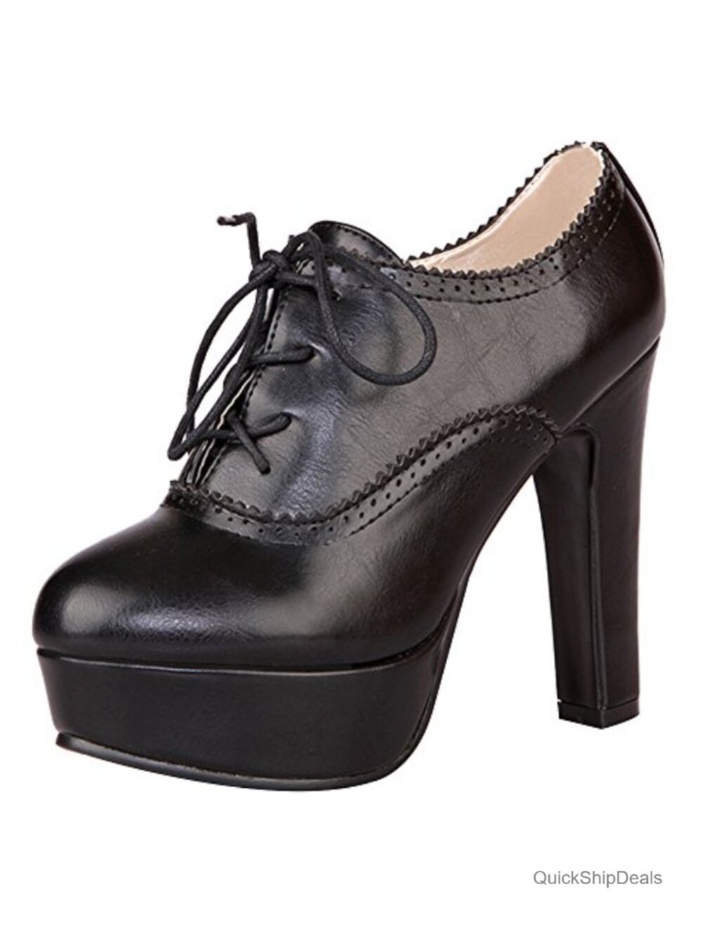 Women Vintage High Platform Block Heel Oxfords Elegant Brogue Lace-Up Dress